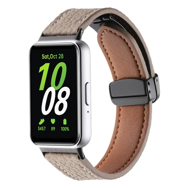 For Samsung Galaxy Fit3 Watch Strap Litchi Texture Genuine Cow Leather Magnetic Band
