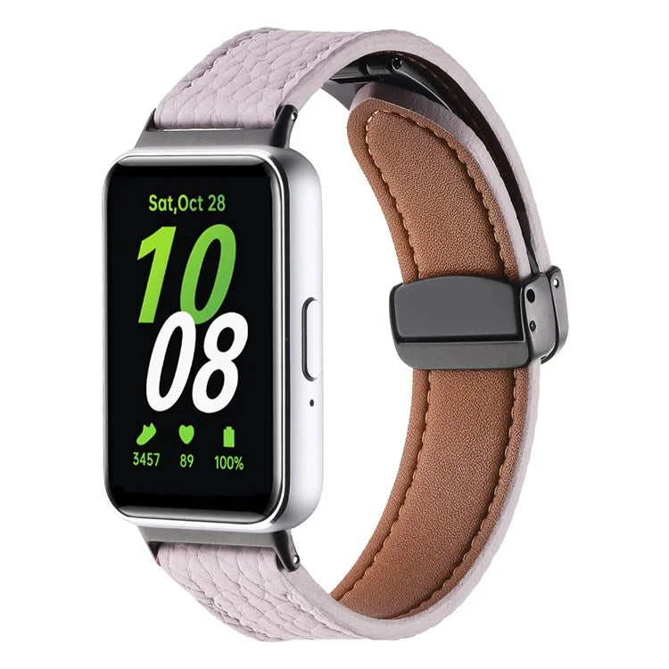 For Samsung Galaxy Fit3 Watch Strap Litchi Texture Genuine Cow Leather Magnetic Band
