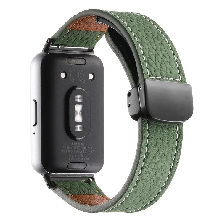 For Samsung Galaxy Fit3 Watch Strap Litchi Texture Genuine Cow Leather Magnetic Bandish Green
