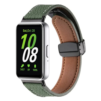 For Samsung Galaxy Fit3 Watch Strap Litchi Texture Genuine Cow Leather Magnetic Bandish Green