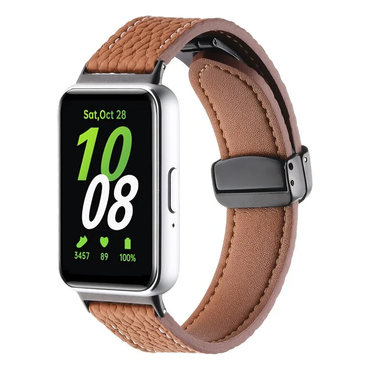 For Samsung Galaxy Fit3 Watch Strap Litchi Texture Genuine Cow Leather Magnetic Band