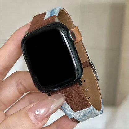 For Apple Watch Series 9 8 7 41mm / 6 5 4 SE (2023) SE (2022) SE 40mm / 3 2 1 38mm Strap Denim+PU Leather Watch Band