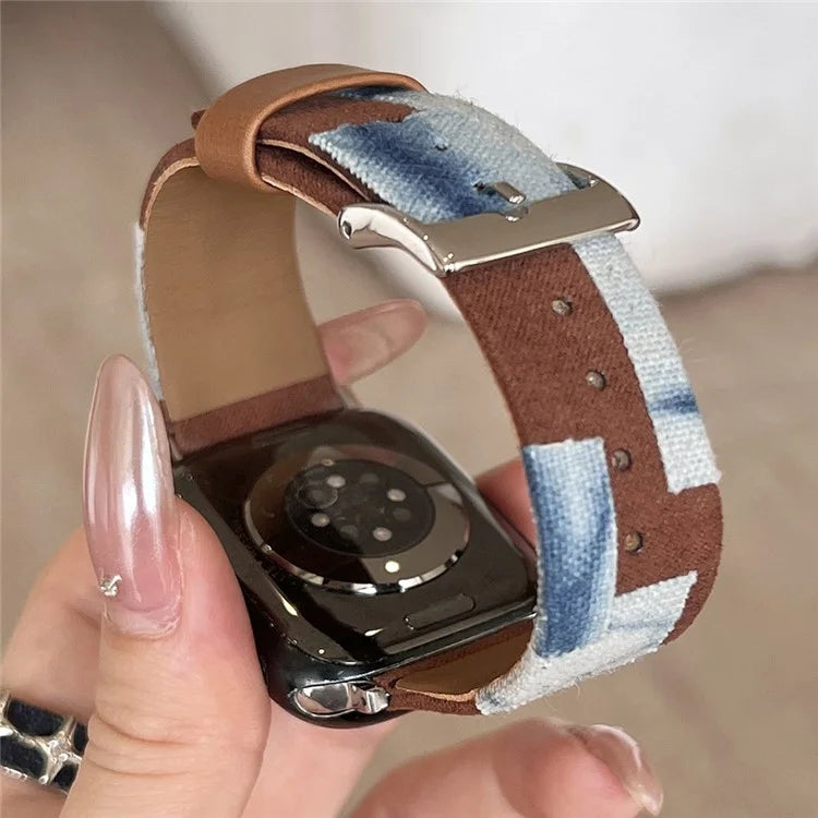For Apple Watch Series 9 8 7 41mm / 6 5 4 SE (2023) SE (2022) SE 40mm / 3 2 1 38mm Strap Denim+PU Leather Watch Band
