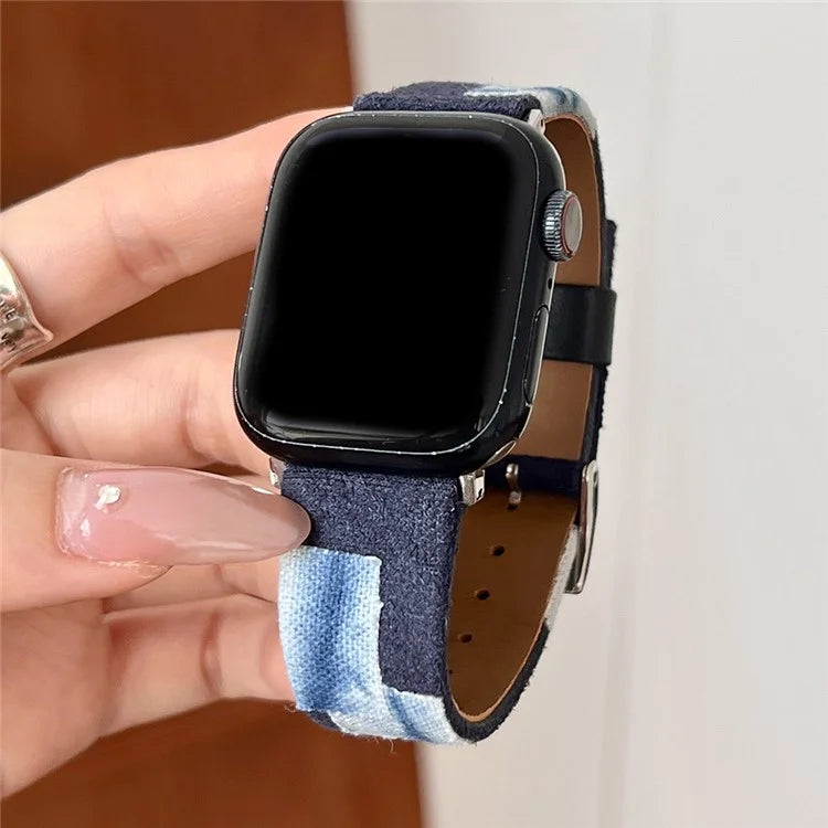 For Apple Watch Series 9 8 7 41mm / 6 5 4 SE (2023) SE (2022) SE 40mm / 3 2 1 38mm Strap Denim+PU Leather Watch Band