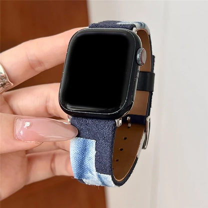 For Apple Watch Series 9 8 7 41mm / 6 5 4 SE (2023) SE (2022) SE 40mm / 3 2 1 38mm Strap Denim+PU Leather Watch Band