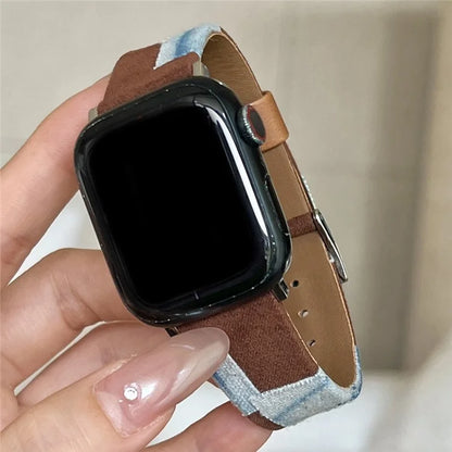 For Apple Watch Ultra 2 Ultra 49mm / 9 8 7 45mm / 6 5 4 SE (2023) SE (2022) SE 44mm / 3 2 1 42mm Denim+PU Leather Wrist Band