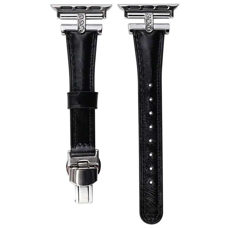 For Apple Watch Series 9 8 7 41mm /  SE (2023) SE (2022) SE 6 5 4 40mm / 3 2 1 38mm Rhinestone Decor Strap Genuine Cow Leather Band