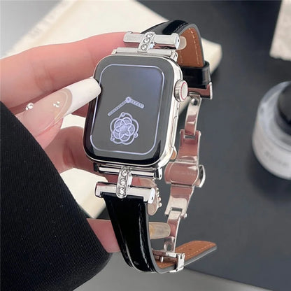 For Apple Watch Series 9 8 7 41mm /  SE (2023) SE (2022) SE 6 5 4 40mm / 3 2 1 38mm Rhinestone Decor Strap Genuine Cow Leather Band
