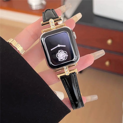 For Apple Watch Series 9 8 7 41mm /  SE (2023) SE (2022) SE 6 5 4 40mm / 3 2 1 38mm Rhinestone Decor Strap Genuine Cow Leather Band+Gold Buckle