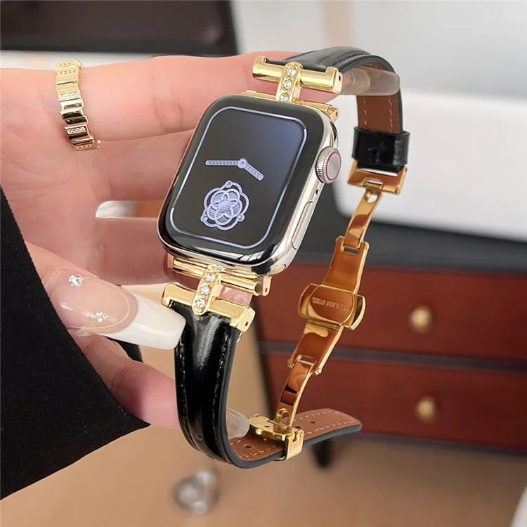 For Apple Watch Series 9 8 7 41mm /  SE (2023) SE (2022) SE 6 5 4 40mm / 3 2 1 38mm Rhinestone Decor Strap Genuine Cow Leather Band+Gold Buckle
