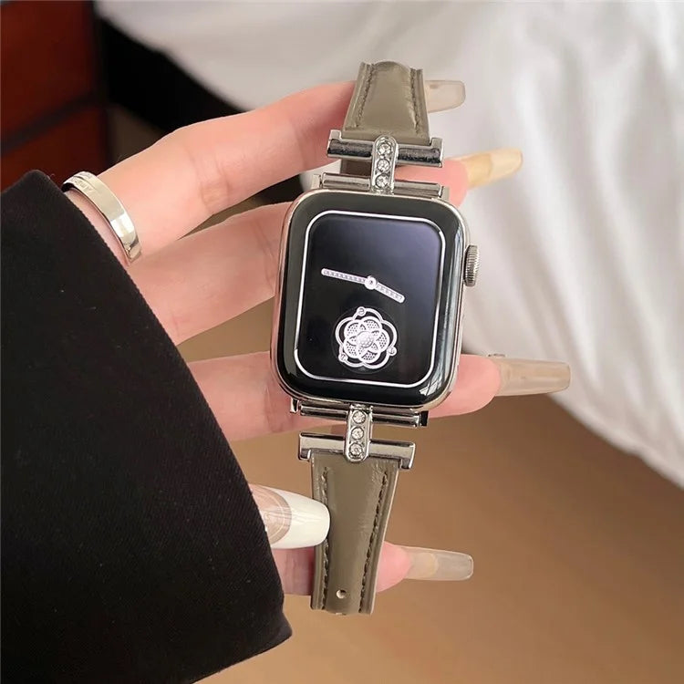 For Apple Watch Series 9 8 7 41mm /  SE (2023) SE (2022) SE 6 5 4 40mm / 3 2 1 38mm Rhinestone Decor Strap Genuine Cow Leather Band