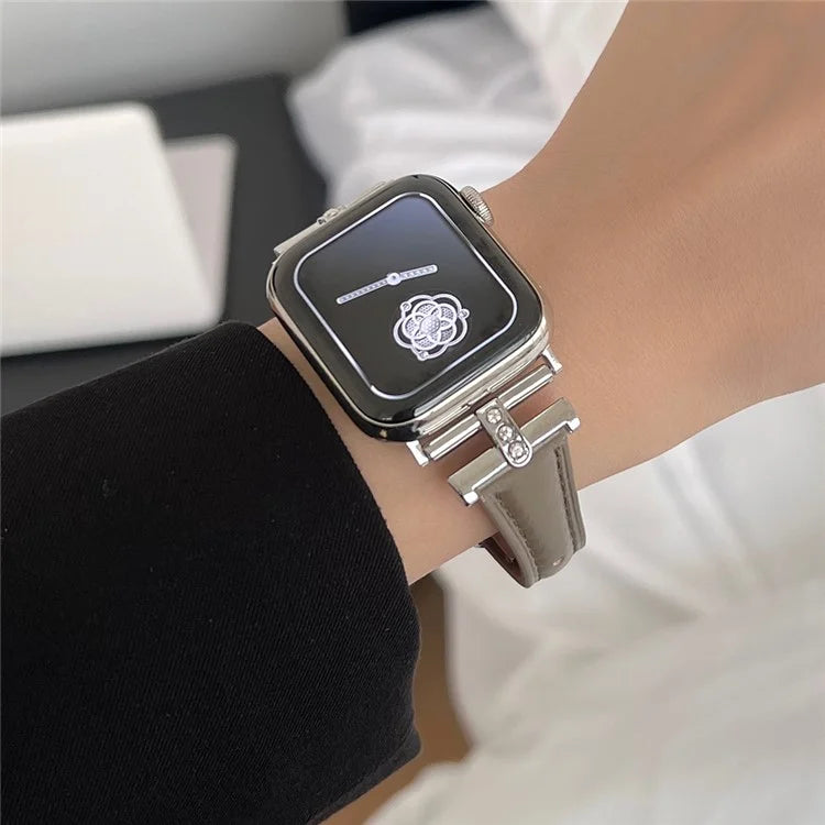 For Apple Watch Series 9 8 7 41mm /  SE (2023) SE (2022) SE 6 5 4 40mm / 3 2 1 38mm Rhinestone Decor Strap Genuine Cow Leather Band