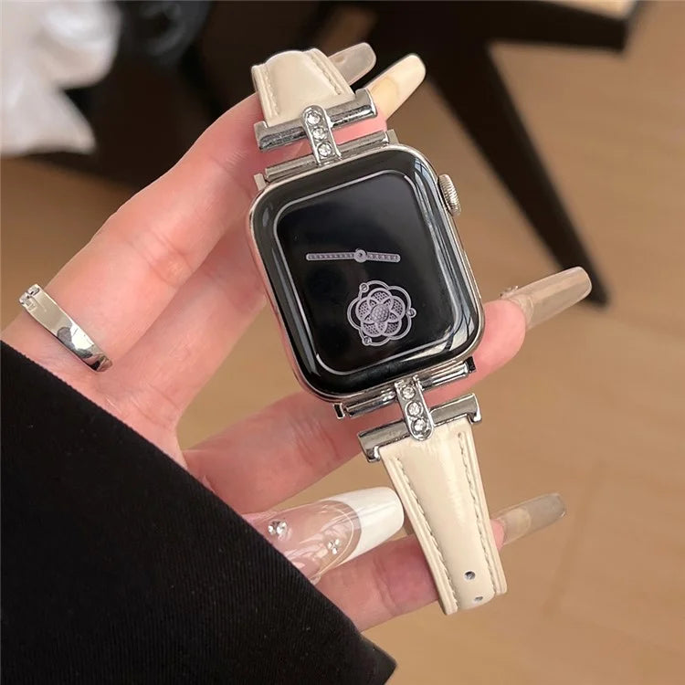 For Apple Watch Series 9 8 7 41mm /  SE (2023) SE (2022) SE 6 5 4 40mm / 3 2 1 38mm Rhinestone Decor Strap Genuine Cow Leather Band