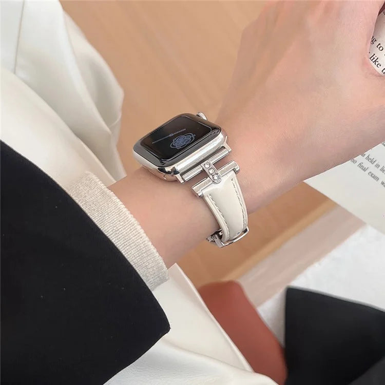 For Apple Watch Series 9 8 7 41mm /  SE (2023) SE (2022) SE 6 5 4 40mm / 3 2 1 38mm Rhinestone Decor Strap Genuine Cow Leather Band