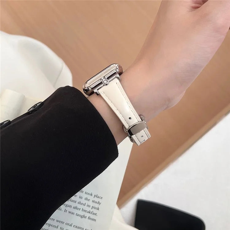 For Apple Watch Series 9 8 7 41mm /  SE (2023) SE (2022) SE 6 5 4 40mm / 3 2 1 38mm Rhinestone Decor Strap Genuine Cow Leather Band