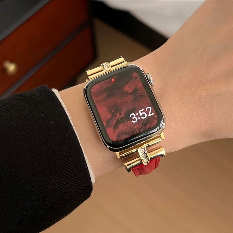 For Apple Watch Series 9 8 7 41mm /  SE (2023) SE (2022) SE 6 5 4 40mm / 3 2 1 38mm Rhinestone Decor Strap Genuine Cow Leather Band