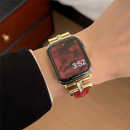 For Apple Watch Series 9 8 7 41mm /  SE (2023) SE (2022) SE 6 5 4 40mm / 3 2 1 38mm Rhinestone Decor Strap Genuine Cow Leather Band