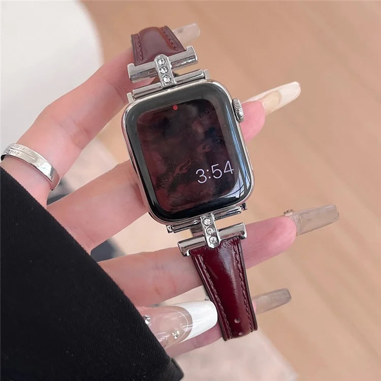 For Apple Watch Series 9 8 7 41mm /  SE (2023) SE (2022) SE 6 5 4 40mm / 3 2 1 38mm Rhinestone Decor Strap Genuine Cow Leather Band
