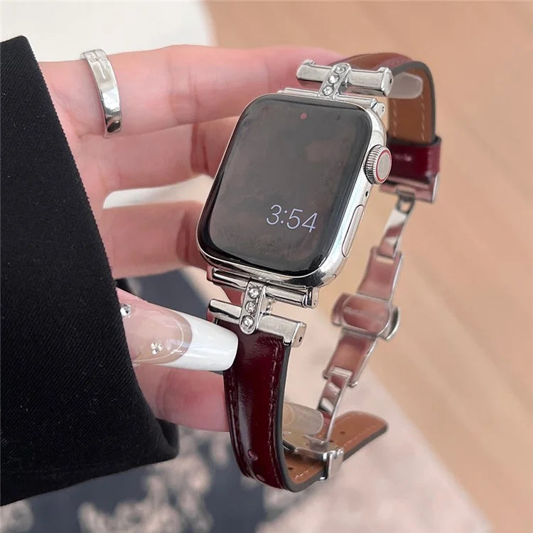 For Apple Watch Series 9 8 7 41mm /  SE (2023) SE (2022) SE 6 5 4 40mm / 3 2 1 38mm Rhinestone Decor Strap Genuine Cow Leather Band