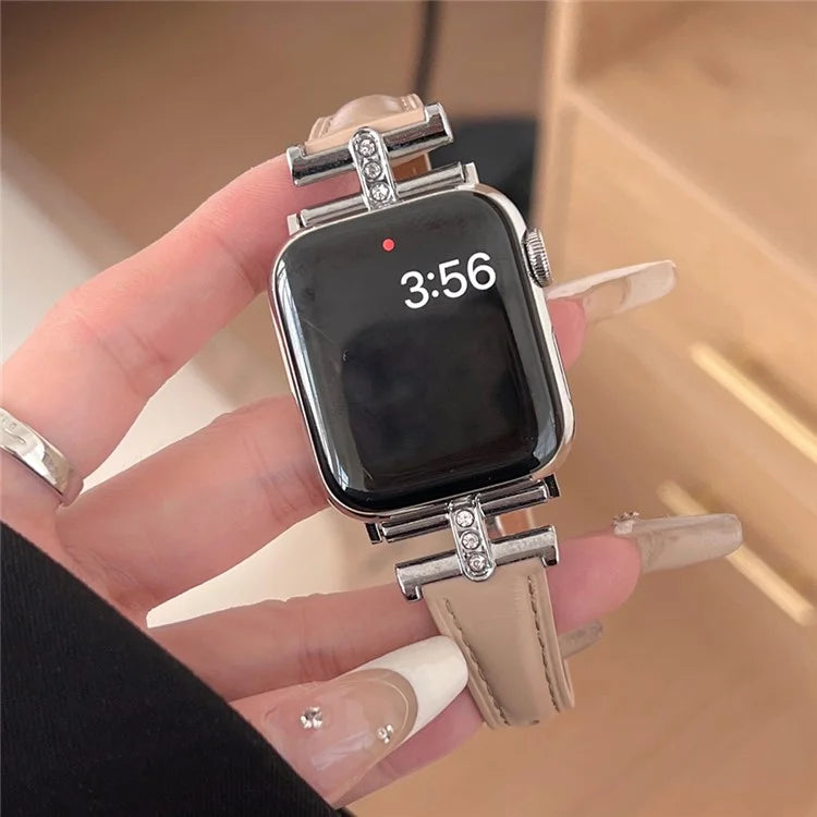 For Apple Watch Series 9 8 7 41mm /  SE (2023) SE (2022) SE 6 5 4 40mm / 3 2 1 38mm Rhinestone Decor Strap Genuine Cow Leather Band