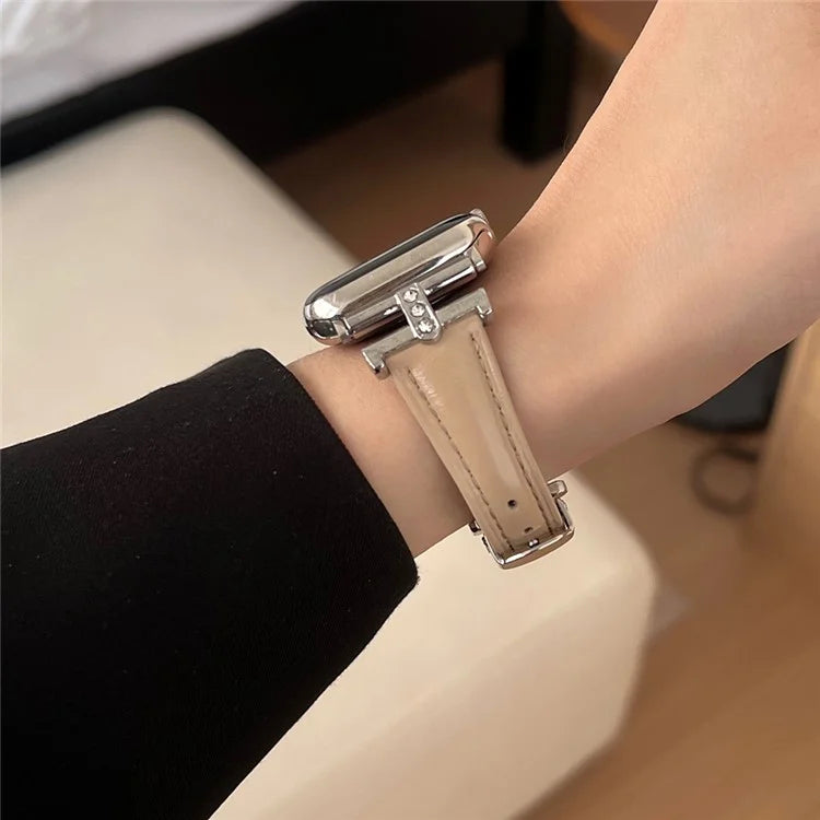 For Apple Watch Series 9 8 7 41mm /  SE (2023) SE (2022) SE 6 5 4 40mm / 3 2 1 38mm Rhinestone Decor Strap Genuine Cow Leather Band