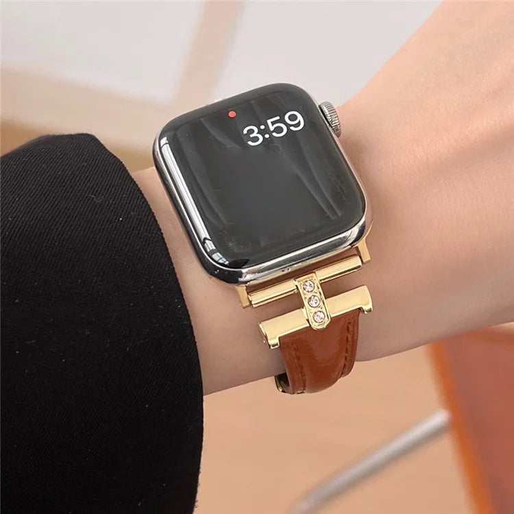 For Apple Watch Series 9 8 7 41mm /  SE (2023) SE (2022) SE 6 5 4 40mm / 3 2 1 38mm Rhinestone Decor Strap Genuine Cow Leather Band