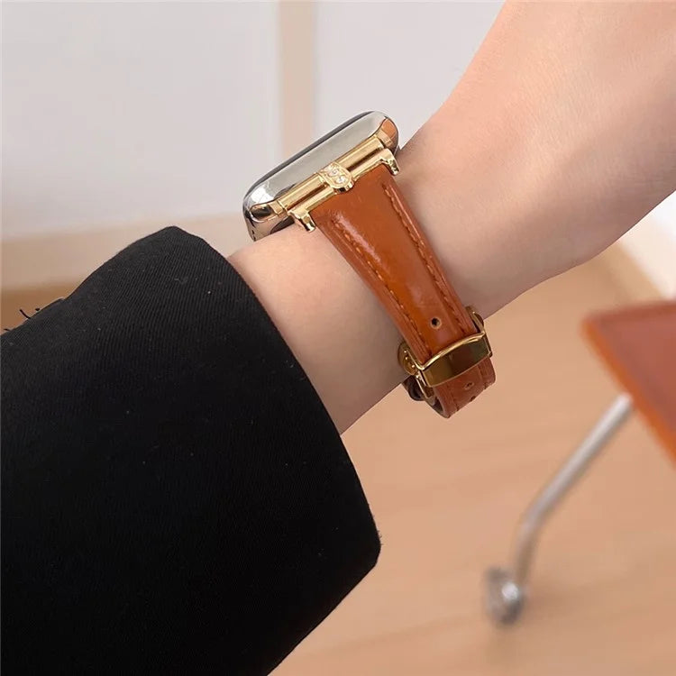 For Apple Watch Series 9 8 7 41mm /  SE (2023) SE (2022) SE 6 5 4 40mm / 3 2 1 38mm Rhinestone Decor Strap Genuine Cow Leather Band