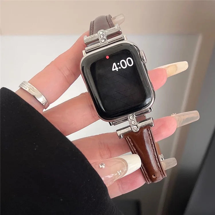 For Apple Watch Series 9 8 7 41mm /  SE (2023) SE (2022) SE 6 5 4 40mm / 3 2 1 38mm Rhinestone Decor Strap Genuine Cow Leather Band