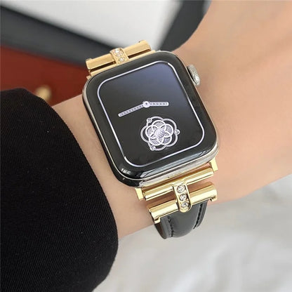 For Apple Watch Ultra 2 Ultra 49mm / 9 8 7 45mm / 6 5 4 SE (2023) SE (2022) SE 44mm / 3 2 1 42mm Genuine Cow Leather Strap+Gold Buckle