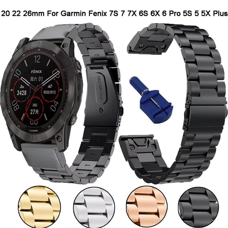 For Garmin QuickFit 26mm / Garmin Fenix 7X / 7X Pro / 6X Stainless Steel Strap 3 Beads Watch Band