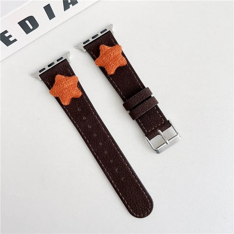 For Apple Watch Series 9 8 7 41mm / 6 5 4 SE (2023) SE (2022) SE 40mm / 3 2 1 38mm Genuine Cow Leather Watch Band Star Decor