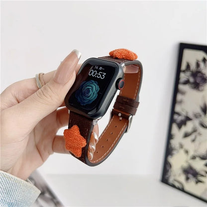 For Apple Watch Series 9 8 7 41mm / 6 5 4 SE (2023) SE (2022) SE 40mm / 3 2 1 38mm Genuine Cow Leather Watch Band Star Decor
