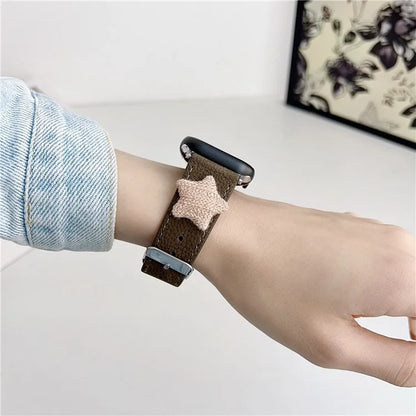 For Apple Watch Series 9 8 7 41mm / 6 5 4 SE (2023) SE (2022) SE 40mm / 3 2 1 38mm Genuine Cow Leather Watch Band Star Decor
