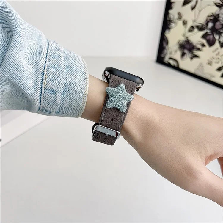 For Apple Watch Series 9 8 7 41mm / 6 5 4 SE (2023) SE (2022) SE 40mm / 3 2 1 38mm Genuine Cow Leather Watch Band Star Decor