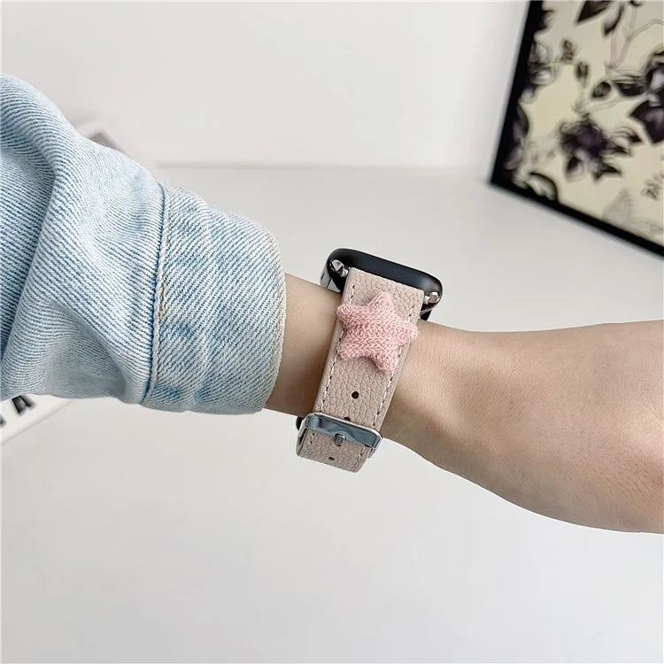 For Apple Watch Series 9 8 7 41mm / 6 5 4 SE (2023) SE (2022) SE 40mm / 3 2 1 38mm Genuine Cow Leather Watch Band Star Decor
