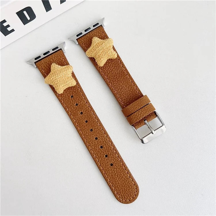 For Apple Watch Series 9 8 7 41mm / 6 5 4 SE (2023) SE (2022) SE 40mm / 3 2 1 38mm Genuine Cow Leather Watch Band Star Decor
