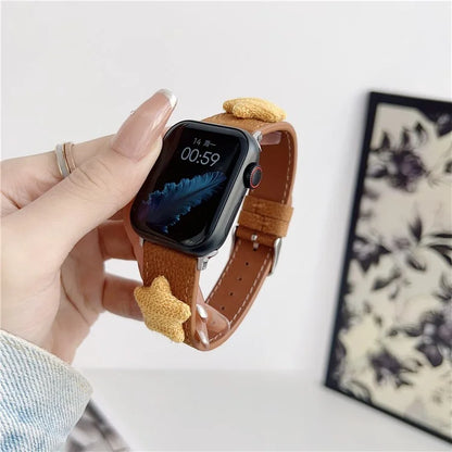 For Apple Watch Series 9 8 7 41mm / 6 5 4 SE (2023) SE (2022) SE 40mm / 3 2 1 38mm Genuine Cow Leather Watch Band Star Decor