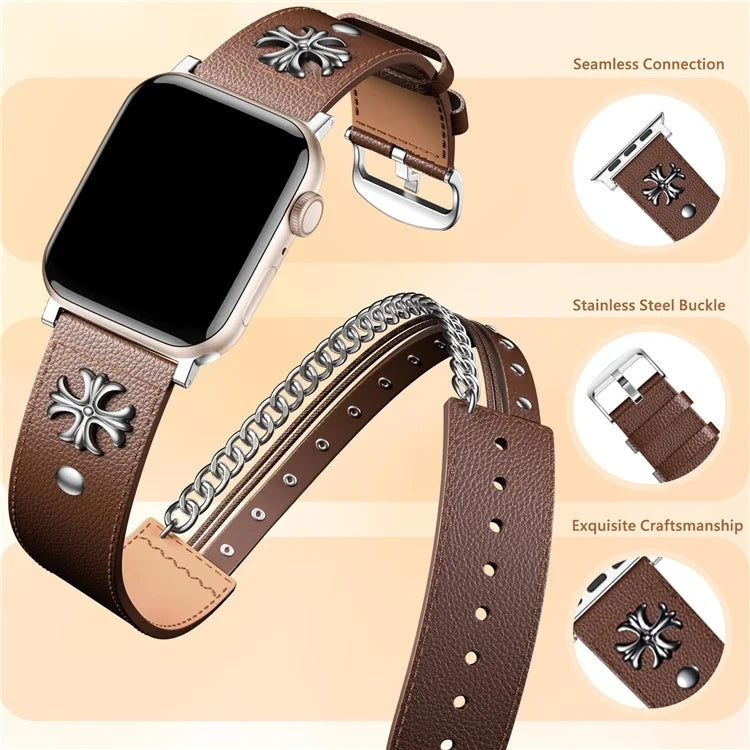 M / L Size For Apple Watch Ultra Ultra 2 49mm / 9 8 7 45mm / 6 5 4 SE SE (2022) SE (2023) 44mm / 3 2 1 42mm Cowhide Strap Punk Style Watch Band