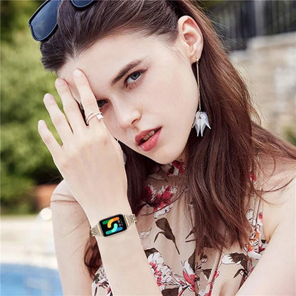 For Samsung Galaxy Fit3 SM-R390 Women Replacement 2 Rows Rhinestone Metal Watch Band Strap