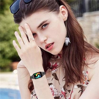 For Samsung Galaxy Fit3 SM-R390 Women Replacement 2 Rows Rhinestone Metal Watch Band Strap