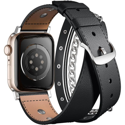 S / M Size Double Circle Punk Watch Strap for Apple Watch Series 9 8 7 41mm / 6 5 4 SE (2022) SE (2023) SE 40mm / 3 2 1 38mm Cowhide Leather Band