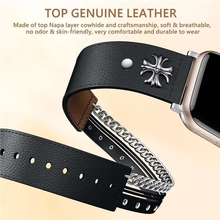S / M Size Double Circle Punk Watch Strap for Apple Watch Series 9 8 7 41mm / 6 5 4 SE (2022) SE (2023) SE 40mm / 3 2 1 38mm Cowhide Leather Band