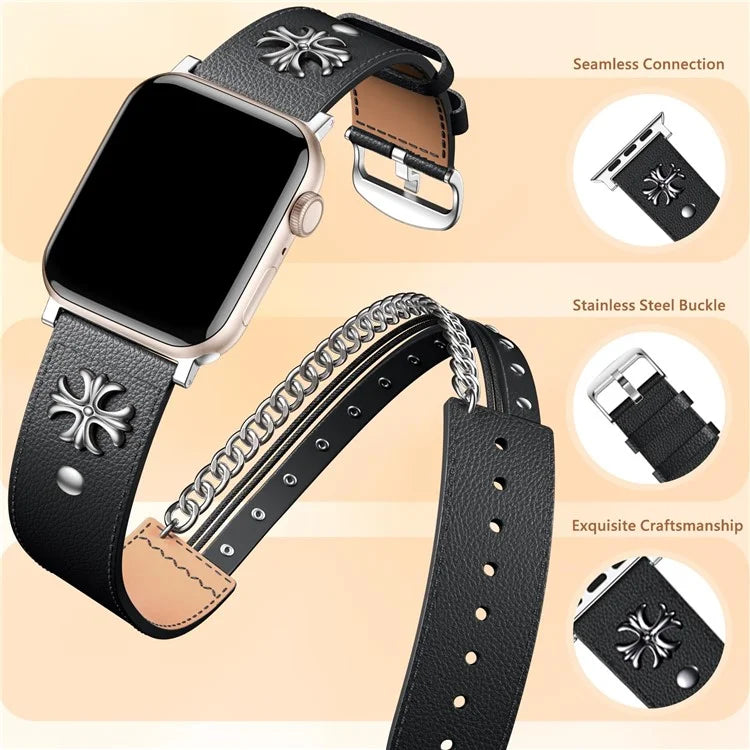 S / M Size Double Circle Punk Watch Strap for Apple Watch Series 9 8 7 41mm / 6 5 4 SE (2022) SE (2023) SE 40mm / 3 2 1 38mm Cowhide Leather Band