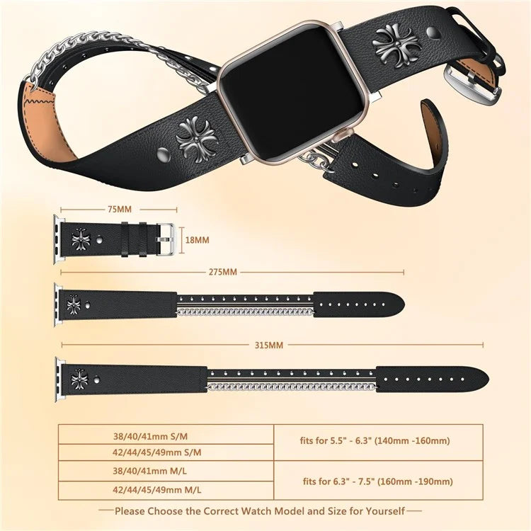 S / M Size Double Circle Punk Watch Strap for Apple Watch Series 9 8 7 41mm / 6 5 4 SE (2022) SE (2023) SE 40mm / 3 2 1 38mm Cowhide Leather Band