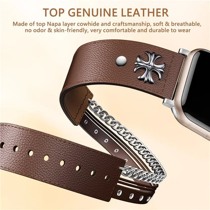 S / M Size Double Circle Punk Watch Strap for Apple Watch Series 9 8 7 41mm / 6 5 4 SE (2022) SE (2023) SE 40mm / 3 2 1 38mm Cowhide Leather Band