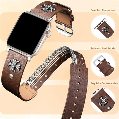 S / M Size Double Circle Punk Watch Strap for Apple Watch Series 9 8 7 41mm / 6 5 4 SE (2022) SE (2023) SE 40mm / 3 2 1 38mm Cowhide Leather Band