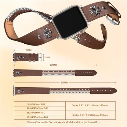 S / M Size Double Circle Punk Watch Strap for Apple Watch Series 9 8 7 41mm / 6 5 4 SE (2022) SE (2023) SE 40mm / 3 2 1 38mm Cowhide Leather Band