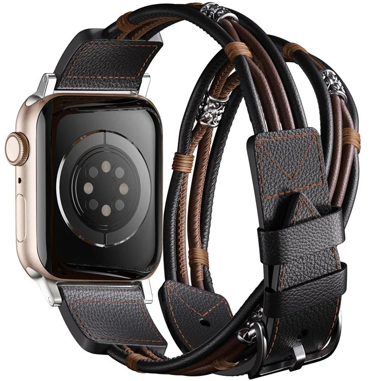 S / M Size Ethnic Style Double Circle Strap for Apple Watch Series 9 8 7 41mm / 6 5 4 SE (2022) SE (2023) SE 40mm / 3 2 1 38mm Cowhide Watch Band