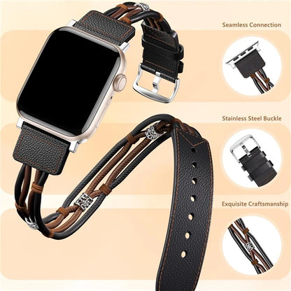 S / M Size Ethnic Style Double Circle Strap for Apple Watch Series 9 8 7 41mm / 6 5 4 SE (2022) SE (2023) SE 40mm / 3 2 1 38mm Cowhide Watch Band