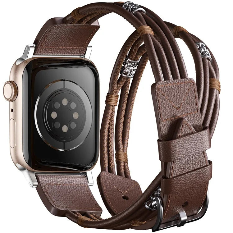 S / M Size Ethnic Style Double Circle Strap for Apple Watch Series 9 8 7 41mm / 6 5 4 SE (2022) SE (2023) SE 40mm / 3 2 1 38mm Cowhide Watch Band